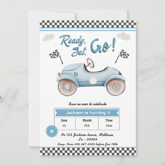 Rennwagen blau vintage Ready set go 4. Geburtstag Einladung