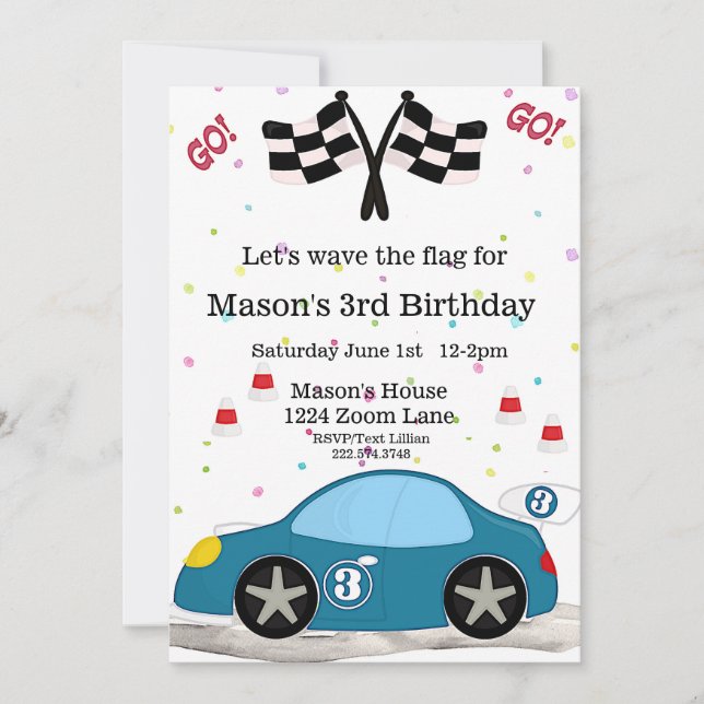 Rennwagen Geburtstag, 3. Geburtstag Einladung (Vorderseite)
