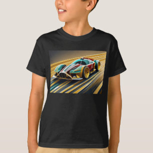 Rennwagen mit blauer, goldener und roter Farbe T-Shirt