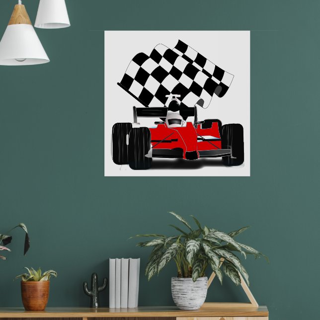 Rennwagen mit Schachbrettflagge Poster (Wohnzimmer 1)