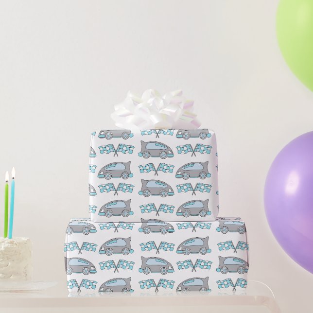 Rennwagen und Flaggen auf weißem Muster Geschenkpapier (Partygeschenke)