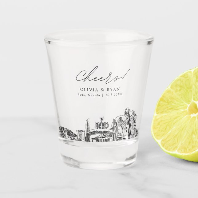 Reno Nevada Gastgeschenk Hochzeit Cheers Shot Glas (Vorderseite)
