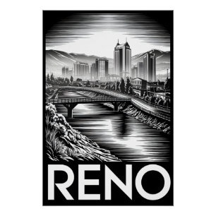 Reno Nevada Skyline Schwarz Weiß Holzschnitt Poster