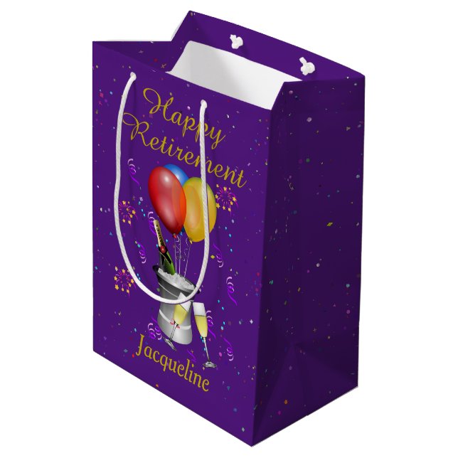 Rente - Feier zum Thema Sparkling Lila Mittlere Geschenktüte (Rückseite Schrägansicht)