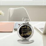 Rente Gold Musiknoten Black Music Lehrer Taschenuhr<br><div class="desc">Einfache und elegante Pensionierung für einen männlichen oder weiblichen Musiklehrer! Ein klassischer schwarzer Hintergrund mit goldenen Imitaten Musiknoten. Vorlage für einen Namen,  und der folgende: Danke,  goldene Buchstaben. Vielen Dank,  dass Sie mit einem modernen handgeschriebenen Stil geschrieben sind.</div>