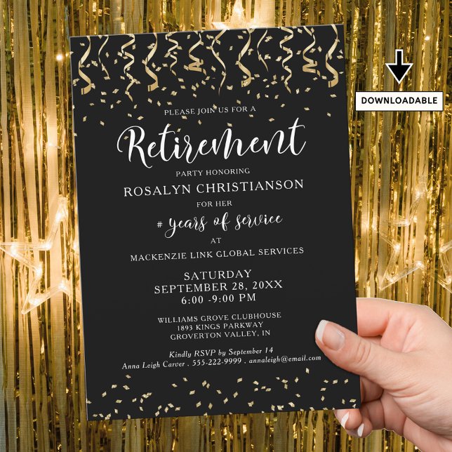 Rente Party Black Gold Confetti Script Einladung (Von Creator hochgeladen)