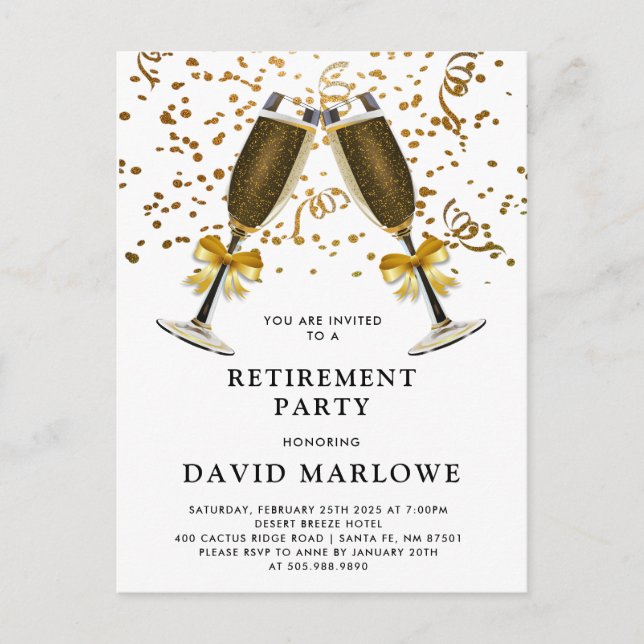 Rente Party Champagne Gold Glitzer Confetti Postkarte (Vorderseite)