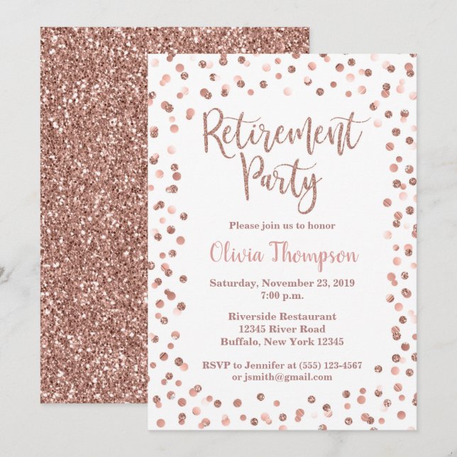 Rente Party Einladung Rose Gold Confetti (Vorne/Hinten)