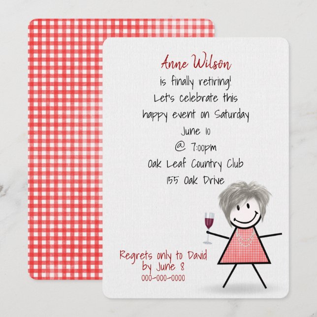 Rente Party Girl mit Wein Einladung (Vorne/Hinten)