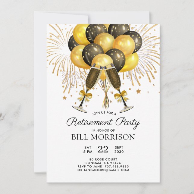 Rente Party Gold Black Balloons Champagne Einladung (Vorderseite)