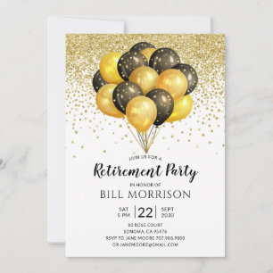 Rente Party Gold Black Balloons Confetti Einladung