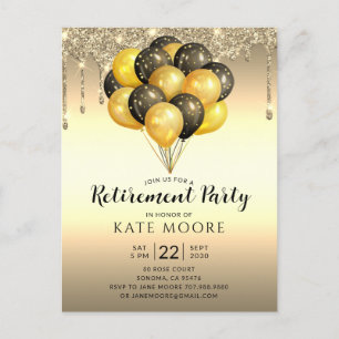 Rente Party Gold Black Balloons Glitzer Tropfen Ankündigungspostkarte