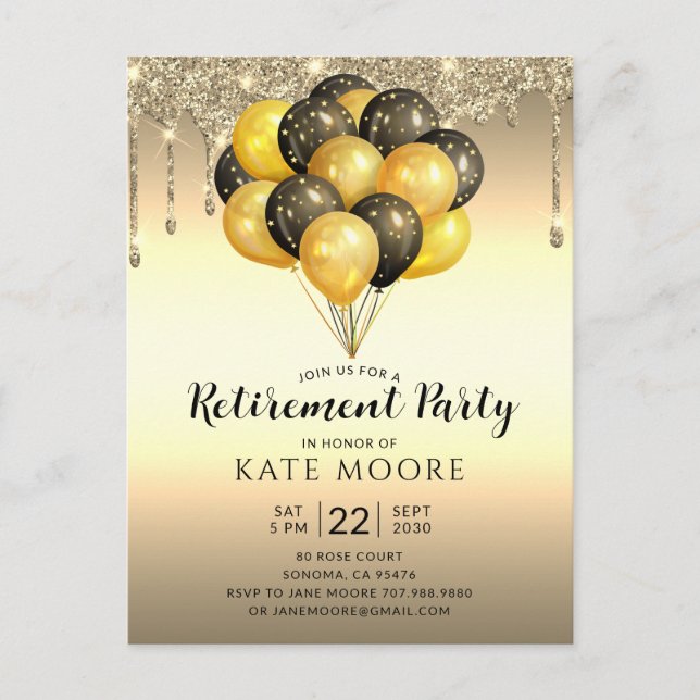 Rente Party Gold Black Balloons Glitzer Tropfen Ankündigungspostkarte (Vorderseite)