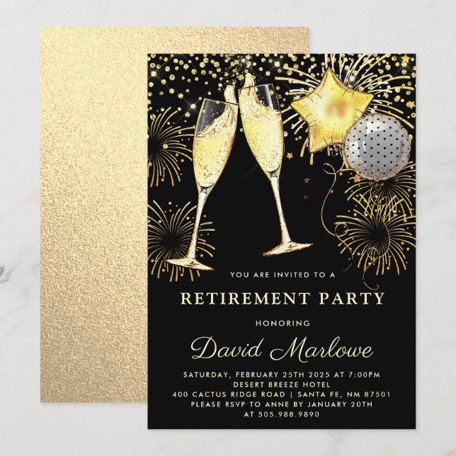 Rente Party Gold Black Glitzer Confetti Einladung (Vorne/Hinten)
