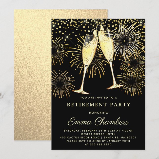 Rente Party Gold Black Glitzer Confetti Invit Einladung (Vorne/Hinten)