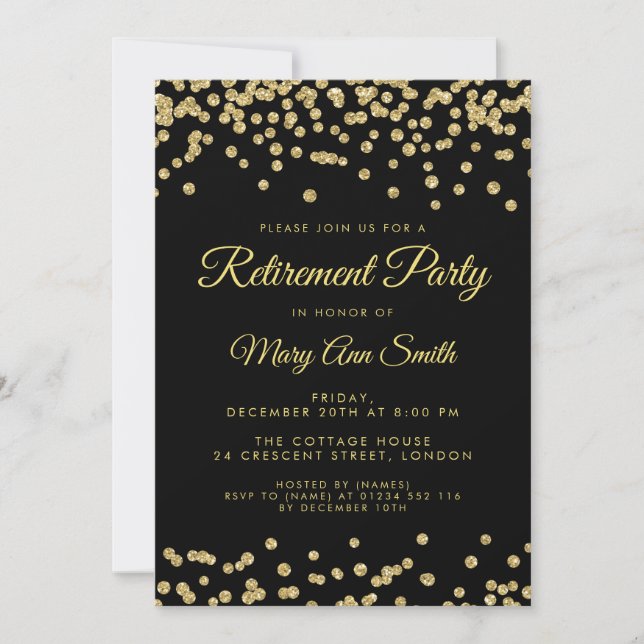Rente Party Gold Glitzer Confetti Black Einladung (Vorderseite)