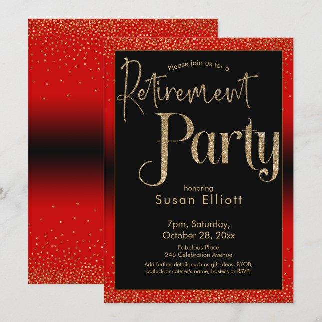 Rente Party Gold Glitzer für helle Kirsche Rot Einladung (Vorne/Hinten)