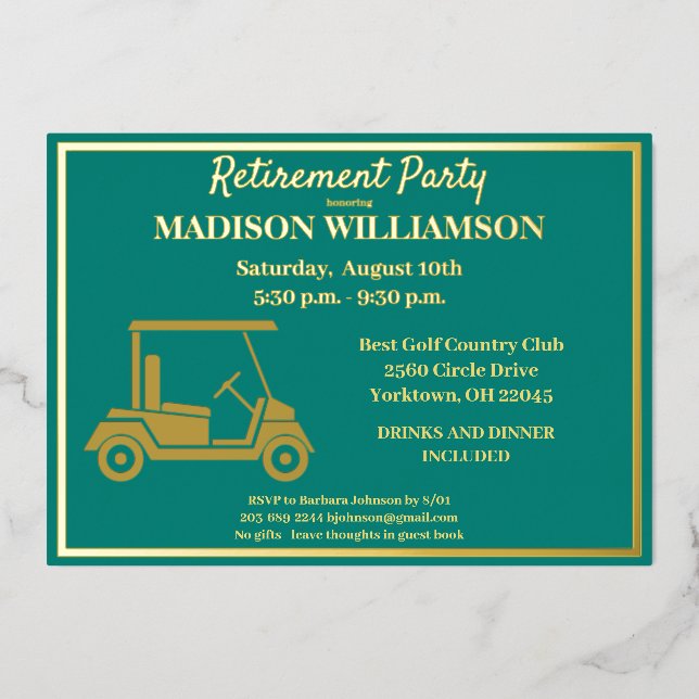 Rente Party Golf Real Gold Folieneinladung (Vorderseite)