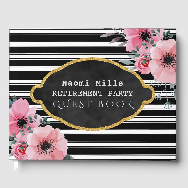 Rente Party Schwarze Streifen | Elegant Floral Gästebuch (Vorderseite)