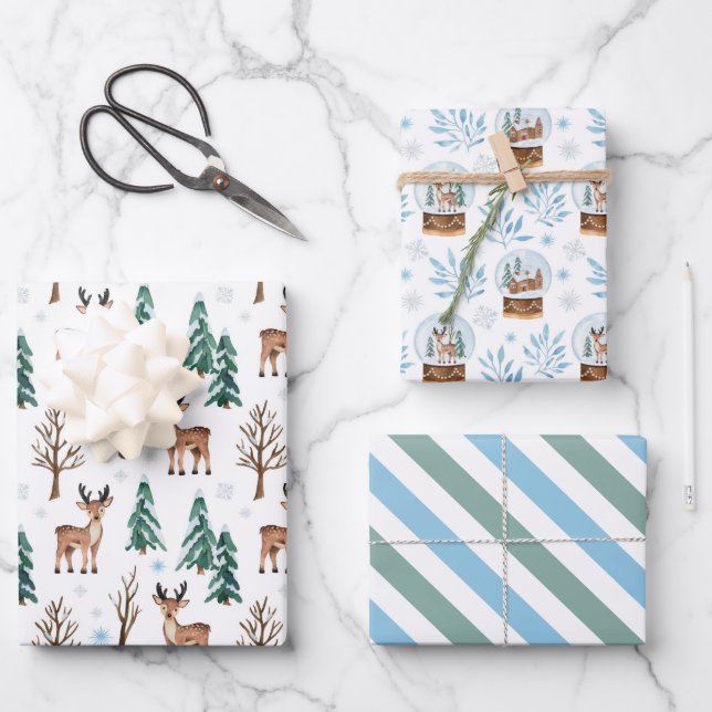 Rentier and Snow Globes Wrapping Paper Set 3 Geschenkpapier Set (Vorderseite)