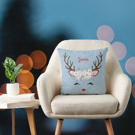 Rentier Antlers and Rose with Name on Sky Blue Kissen