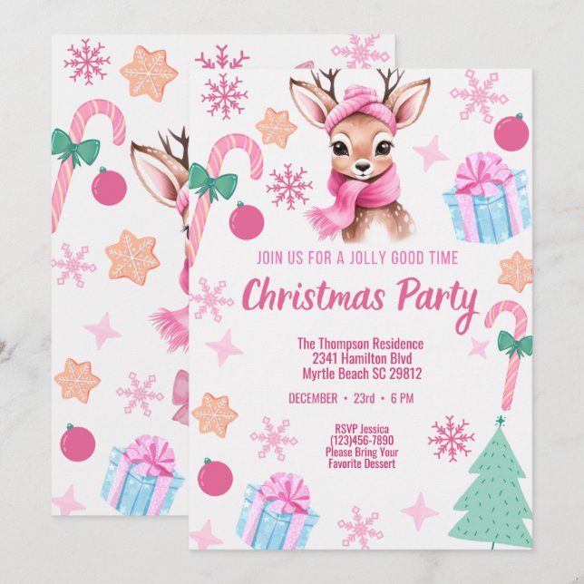 Rentier Christmas Party Pink Einladung (Vorne/Hinten)