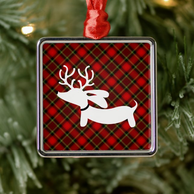 Rentier-Dackel auf rotem kariert Silbernes Ornament (Baum)