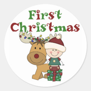 Rentier First Christmas T - Shirt und Geschenke Runder Aufkleber