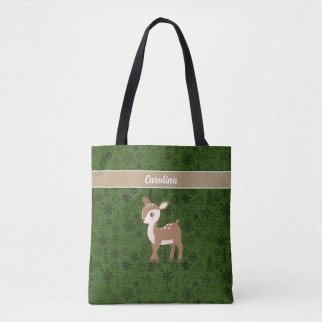 Rentier - grünes Muster Monogramm Tasche (Vorderseite)