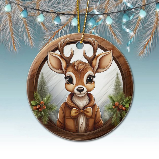 Rentier, Hirsch, Antler, Fawn, Rustikaler 🦌 🎄 Keramik Ornament (Cute Reindeer, Deer Antlers, Fawn, Doe Winter Trees Brown Framed Xmas Scene Ornament Front/Back 🦌🎄)