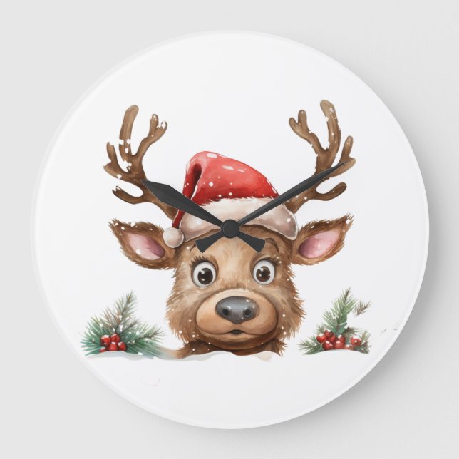 Rentier in der Weihnachtsmannmütze, der Sie anpink Große Wanduhr (Vorderseite)