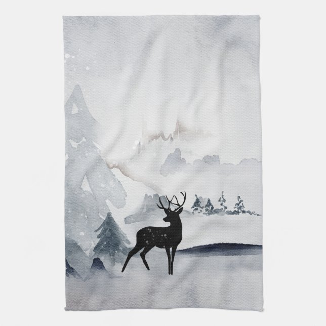Rentier in der Wildgrau-Wasserfarbe Weihnachten Geschirrtuch (Vertikal)