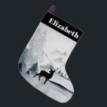 Rentier in der Wildgrau-Wasserfarbe Weihnachten Großer Weihnachtsstrumpf<br><div class="desc">Weihnachts-Strumpf personalisiert mit einem Namen. Entworfen mit einem Aquarellbild mit einem Rentier aus schwarzer Silhouette,  der unter einigen Kiefern stehend ist. Graues Schwarz-Weiß-Farbschema mit neutraler Farbe.</div>