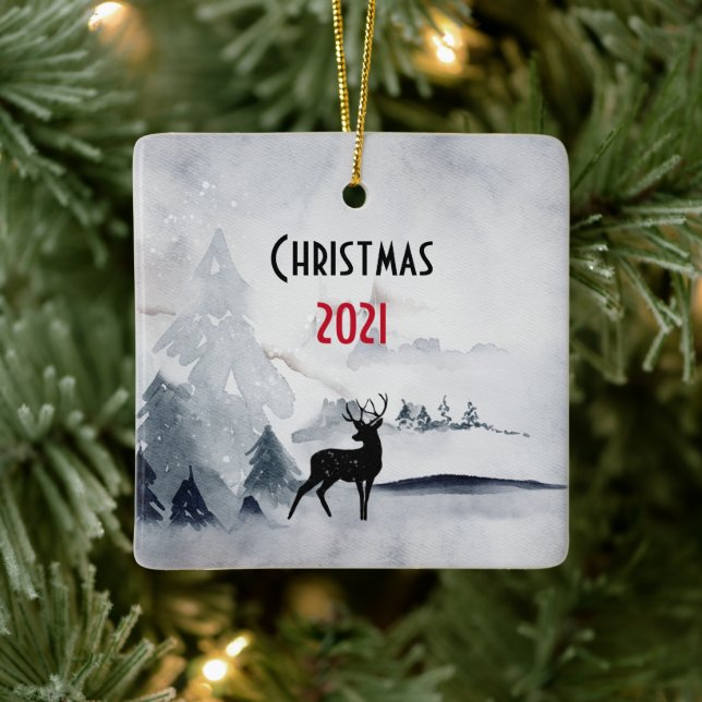 Rentier in der Wildgrau-Wasserfarbe Weihnachten Keramikornament (Baum)