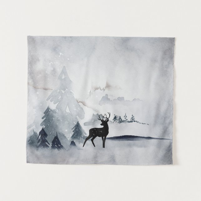 Rentier in der Wildgrau-Wasserfarbe Weihnachten Wandteppich (Vorderseite (Horizontal))