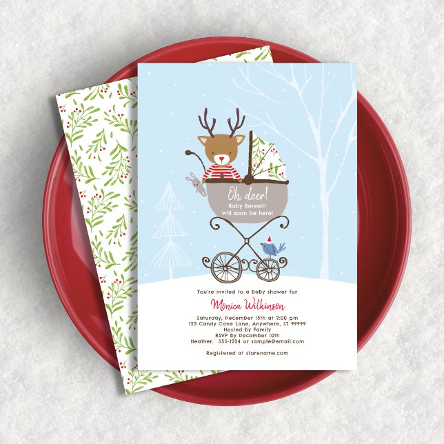 Rentier in Stroller Winter Holiday Baby Shower Einladung (Shown on a 5" x 7" card)
