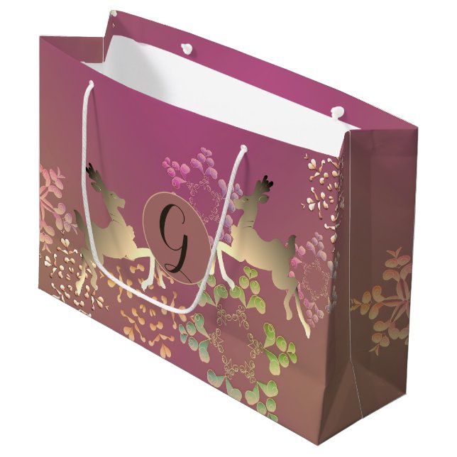 Rentier & Magische Schneeflocken-Geschenktasche Große Geschenktüte (Vorderseite Schrägansicht)