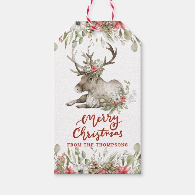 Rentier mit Blume | Frohe Weihnachts-Geschenketike Geschenkanhänger (Vorderseite)