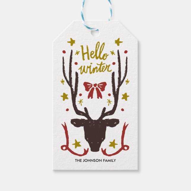 Rentier mit goldener Weihnachtshandzeichnung Geschenkanhänger (Vorderseite)