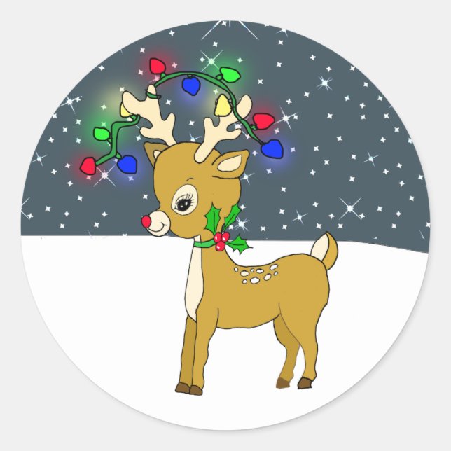 Rentier mit leuchtenden Weihnachtsbeleuchtung Runder Aufkleber (Vorderseite)