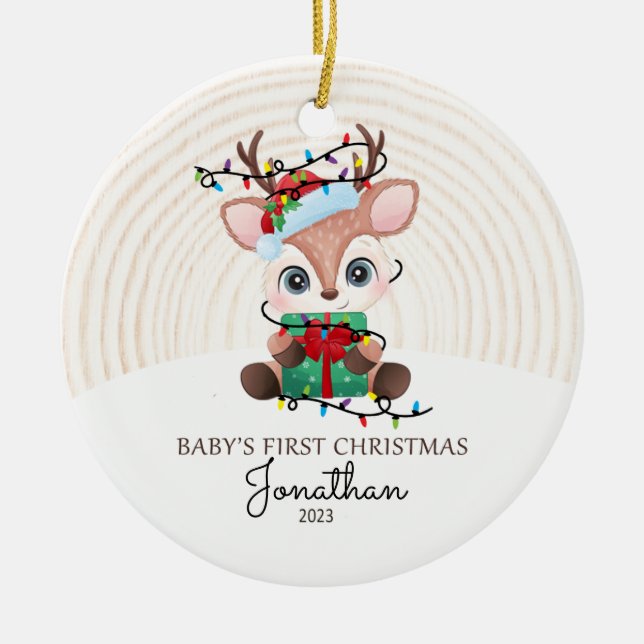 Rentier mit Lights Baby First Christmas Keramik Ornament (Vorne)