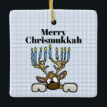 Rentier mit Menorah Antlers Chrismukkah Ornament<br><div class="desc">Dieses Ornament zeigt meine jüdischen Rentiere, deren Geweihe Menorah sind. Der Text auf diesem Ornament ist für den Anzug von Ihnen oder Ihrem Empfänger anpassbar. Designed by Sheila Cicchi, Brownielocks.com. Alle Rechte vorbehalten. HINWEIS: Aufgrund des Designstils kann dies nur bei SQUARE-Ornamenten erworben werden.</div>