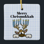 Rentier mit Menorah Antlers Chrismukkah Ornament<br><div class="desc">Dieses Ornament zeigt meine jüdischen Rentiere,  deren Geweihe Menorah sind. Der Text auf diesem Ornament ist für den Anzug von Ihnen oder Ihrem Empfänger anpassbar. Designed by Sheila Cicchi,  Brownielocks.com. Alle Rechte vorbehalten. HINWEIS: Aufgrund des Designstils kann dies nur bei SQUARE-Ornamenten erworben werden.</div>