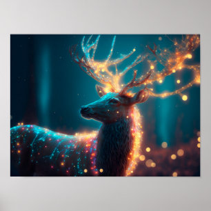 Rentier mit Weihnachtsbeleuchtung im Nachtwald Poster