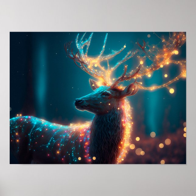 Rentier mit Weihnachtsbeleuchtung im Nachtwald Poster (Vorne)