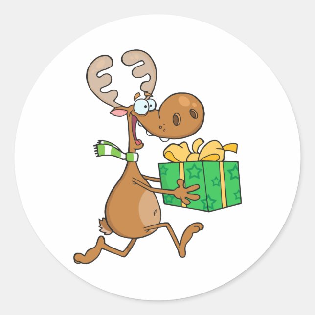Rentier mit Weihnachtsgeschenk Runder Aufkleber (Vorderseite)