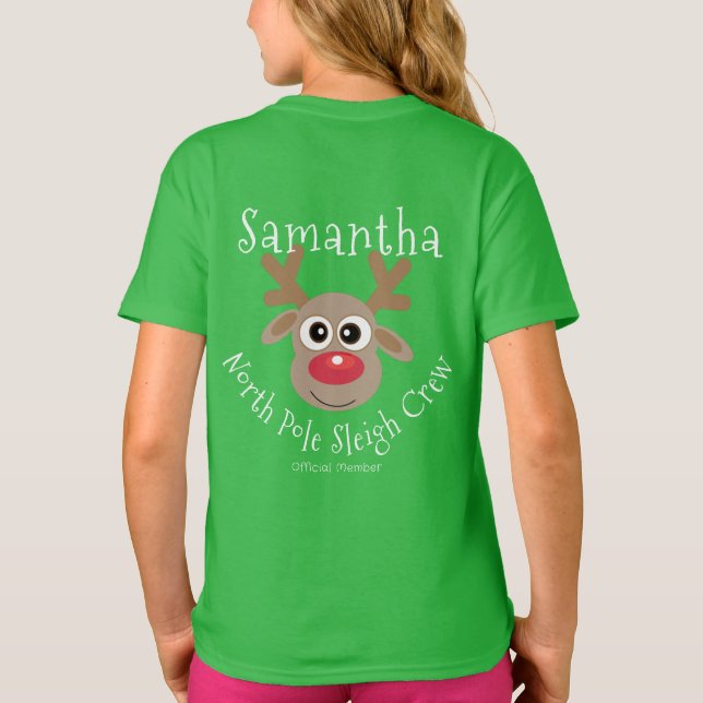 Rentier North Pole Sleigh Crew Weihnachtsgrün T-Shirt (Rückseite)