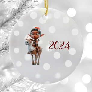 Rentier Rider Weihnachtself Keramik Ornament