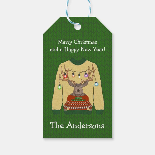 Rentier Tangled Lights Ugge Christmas Sweater Geschenkanhänger (Vorderseite)
