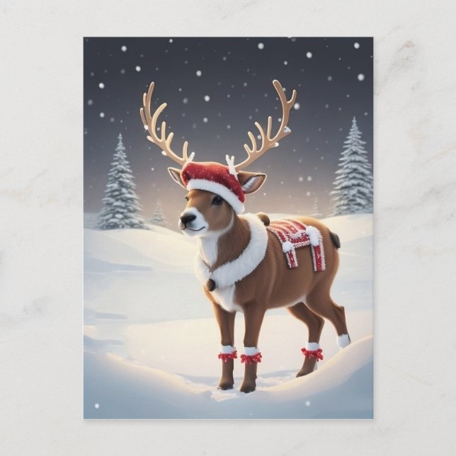 Rentier Tragen einer Weihnachtsmannmütze Feiertagspostkarte (Vorderseite)